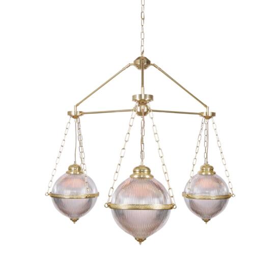 Blaenau Prismatic Glass Polished Brass Chandelier, Three-Arm