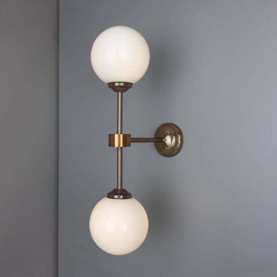 Yaounde Double Opal Glass Globe Brass Wall Light, Antique Brass