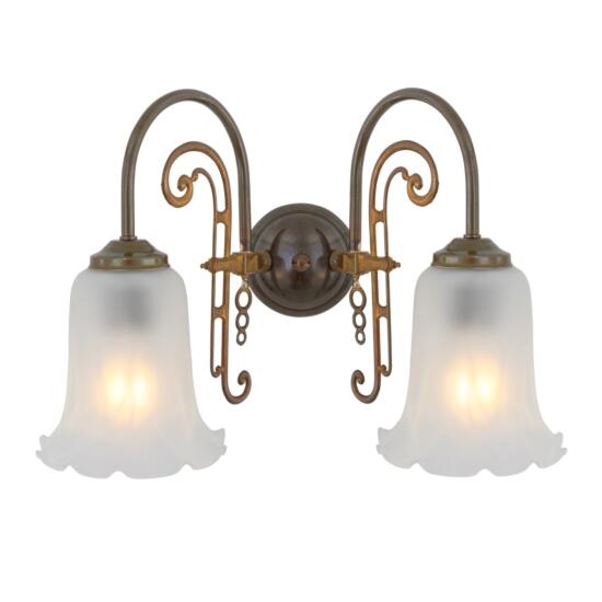 Medan Two-Arm Wall Light with Etched Glass Shades, Antique Brass