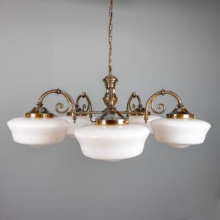 Clones 1920's Schoolhouse Chandelier, Five-Arm, Antique Brass