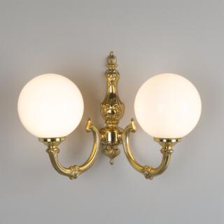 Ben Two-Arm Brass Wall Light with Opal Glass Globes, Antique Brass