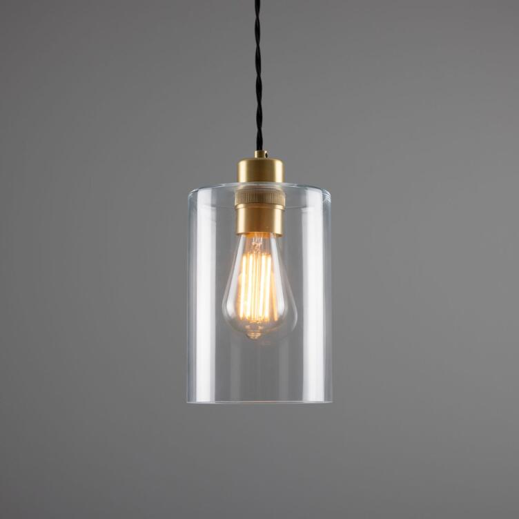 Dalat Clear Glass Cylinder Pendant Light 14cm, Polished Brass