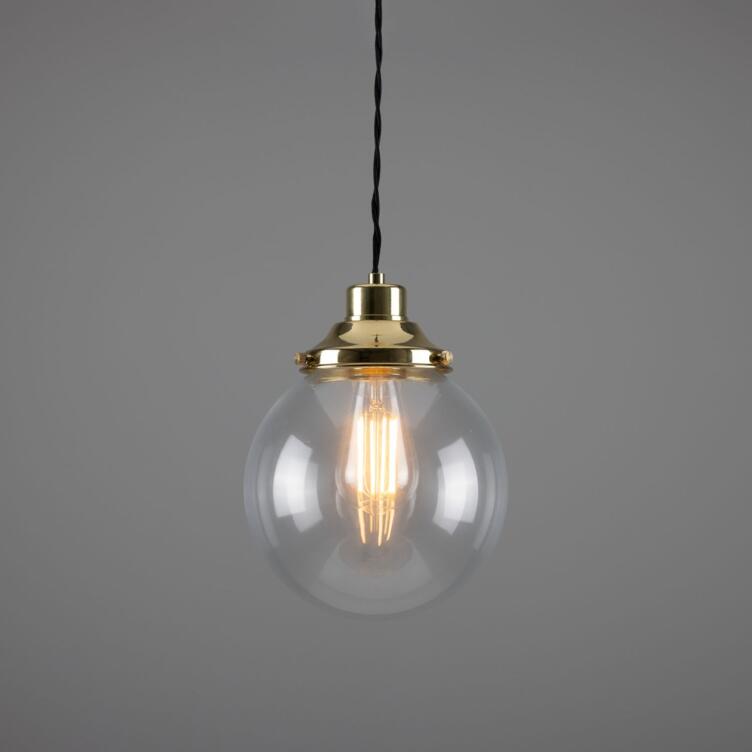 Virginia Small Clear Glass Globe Pendant Light 20cm, Polished Brass